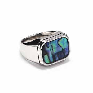 Macro shot of polished silver titanium steel ring with iridescent rectangular shell inlay