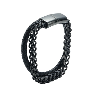 Men's black multi-layer braided leather bracelet with titanium steel curb chain and magnetic clasp