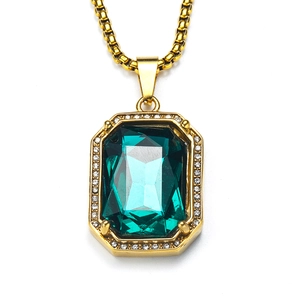 Hip hop style gold titanium steel necklace with a square emerald-cut green stone pendant