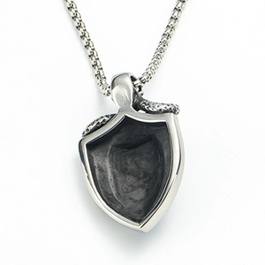 Polished stainless steel shield pendant necklace with vintage blackened inner core texture