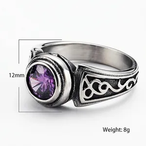 Vintage stainless steel ring with 12mm purple round gemstone and engraved patterns