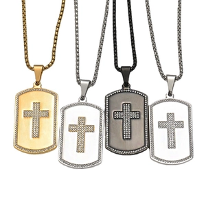 Punk Edelstahl Kreuz Anhänger Halskette Für Herren Strass Eingelegt Militär Erkennungsmarke Stil Hip Hop Schmuck