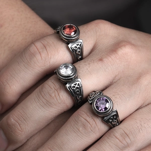 Vintage titanium steel men's ring with colorful gemstones in red, white and purple