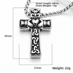 Pendaglio a croce Claddagh in acciaio inossidabile con nodo celtico e catena lunga