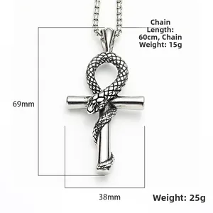 Pendentif serpent argenté vintage enroulé autour d'une croix Ankh sur une chaîne en acier