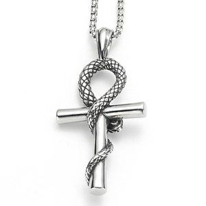 Detailed view of silver snake coiled around a polished cross pendant on a bead chain