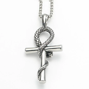 Gothic vintage silver stainless steel Ankh cross snake pendant necklace for men and women