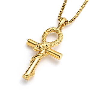Golden Ankh cross pendant with coiled snake detail and classic box chain necklace