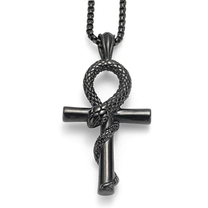 Gothic black stainless steel Ankh cross necklace featuring a detailed snake wrap design