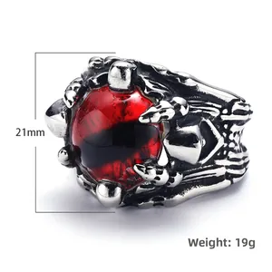 Men's gothic punk evil eye ring in silver finish with red stone, 21mm height
