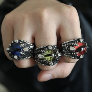 Gothic punk devil eye rings set in vintage silver steel with colorful gems