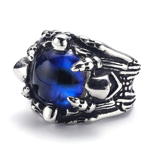 Men's punk gothic steel ring with large oval blue stone and vintage relief patterns