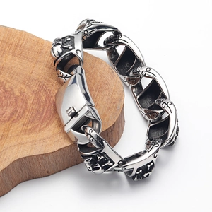 Bracciale teschio stile punk in acciaio inossidabile argento retrò con maglie a catena pesanti