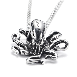 Vintage octopus pendant necklace in silver stainless steel with punk style crack texture