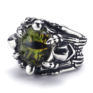 Gothic punk dragon eye ring for men featuring silver claw setting and green pupil