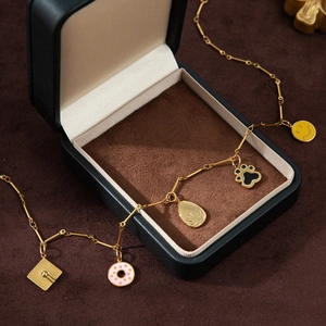 18K Gold Plated Stainless Steel Necklace With Smiley Face Donut Graduation Cap Pendants Fashion Multi Element Jewelry For Women Men Gift