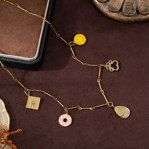 18K gold plated stainless steel chain necklace with colorful doughnut and smiley face charms