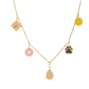 Golden necklace with 18K plated donut, graduation cap, and smile face charms