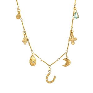 Goldene Edelstahlkette mit Hufeisen Kreuz Hamsa und blauem Edelstein Anhänger