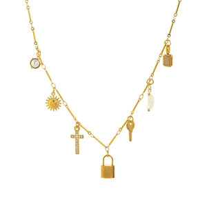18K gold plated stainless steel sun and moon necklace with multi-element charms