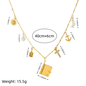 18K gold plated stainless steel necklace with sun, cross and book charms measurements