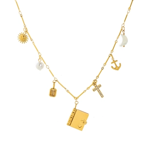 18K gold plated stainless steel necklace with sun, cross, book, and pearl charms