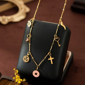 18K gold plated stainless steel necklace with Virgo zodiac, donut and heart charms