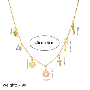 18K gold plated stainless steel necklace with pink zircon and multi-element charms