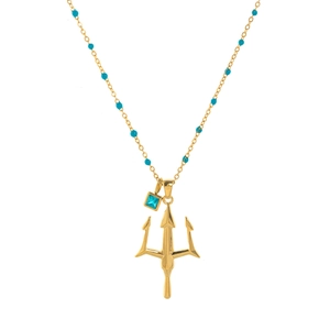 Collana a tridente placcata oro 18K con perline blu e ciondolo in strass quadrato su bianco