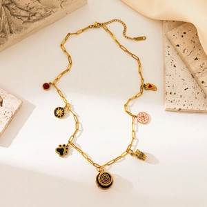 18K gold plated stainless steel paperclip necklace with mixed colorful charms and K18 hallmark