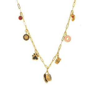 18K gold plated stainless steel necklace with colorful enamel charms like a donut and hat