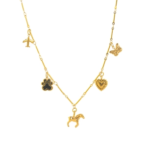 Gold plated stainless steel necklace with airplane, heart, and animal charms on a link chain