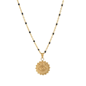 Collier en acier doré avec pendentif œil et perles noires dans un style bohème