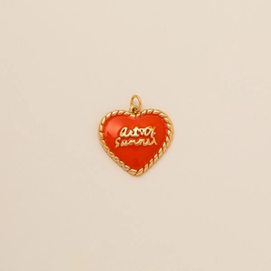 Red enamel heart pendant with golden twisted rope edge and decorative lettering