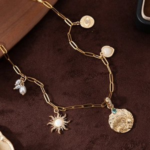 Bohemian Gold Plated Copper Paperclip Chain Necklace For Women With Multi-Pendant Heart Sun Devil's Eye Artificial Pearl Jewelry
