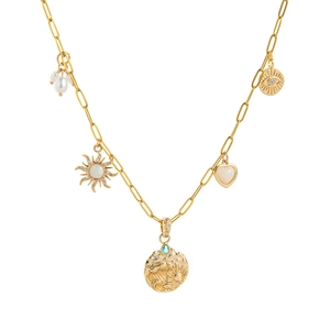 Gold paperclip chain necklace featuring opal sun, pearl cluster, heart and evil eye charms