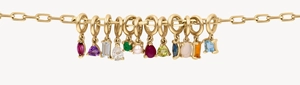 Close-up of 18K gold paperclip chain necklace with twelve colorful birthstone pendants