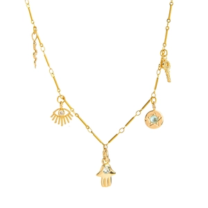 Gold Hamsa and Evil Eye multi-pendant necklace with intricate charms on a sleek chain