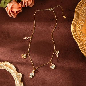 Retro Copper Rhinestone Pendant Necklace For Women Evil Eye Hamsa Hand Snake Star Heart Key Charms Boho Jewelry Gift