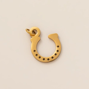 Macro detail of a 18K gold plated stainless steel horseshoe pendant with brushed finish