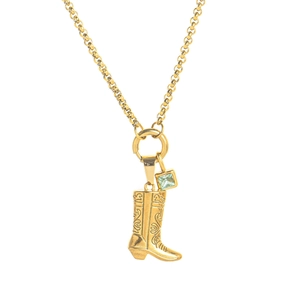 Collana placcata oro 18K con ciondolo a stivale inciso e zircone blu chiaro