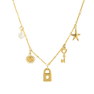 Collana vintage placcata oro 18K con perla, sole, lucchetto, chiave e stella marina