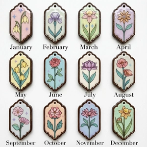Set van 12 vintage hangers met maandelijkse geboortebloemen in 18 karaat goud