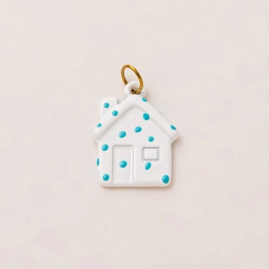 Detail of white house pendant with blue dots and 18K gold plated ring for DIY jewelry