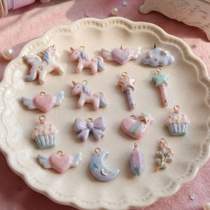 Macaron color rainbow unicorn heart charms set with 18K gold plated metal rings