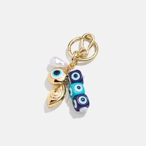 Handmade woven keychain with colorful evil eye beads and natural baroque pearl pendant