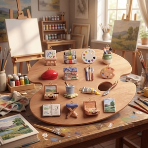 Art studio themed 18K gold plated charms including paint palettes and easel for DIY necklaces