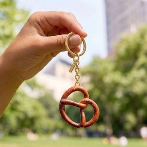 Porte-clés bretzel réaliste avec chaîne dorée tenu à la main pour le style d'été 2025