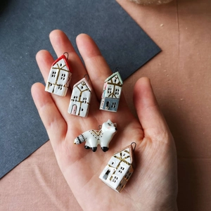 Set of five handmade ceramic pendants with house and fox designs and 14K gold accents