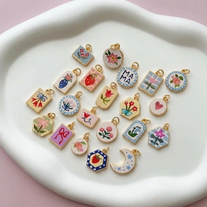 DIY colorful enamel heart floral charms set with gold plating for necklace bracelets